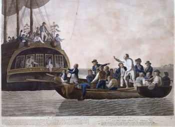 A painting of men in a small boat, looking toward people on a ship.